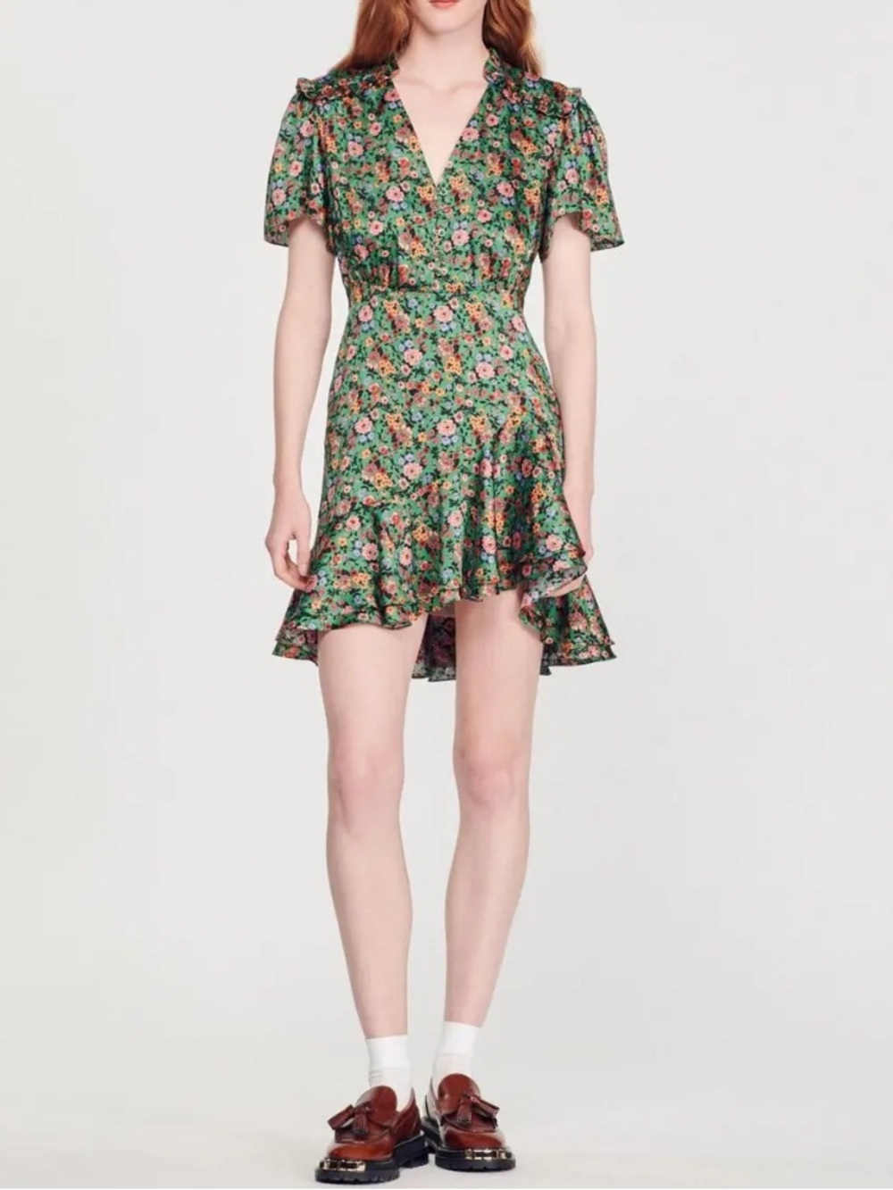 Sandro Marta Green Floral Ruffle Mini Dress NEW - Picture 10 of 10